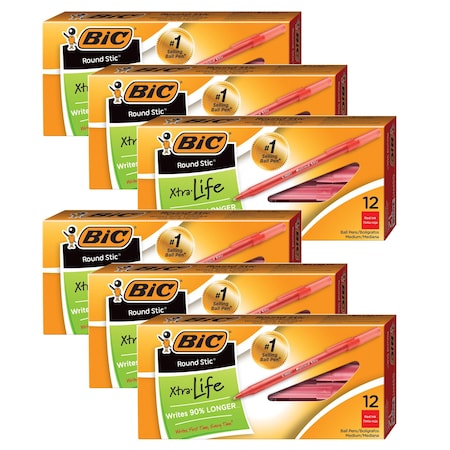 Bic Round Stic Pen, Medium Point, Red, 72PK GSM11RD